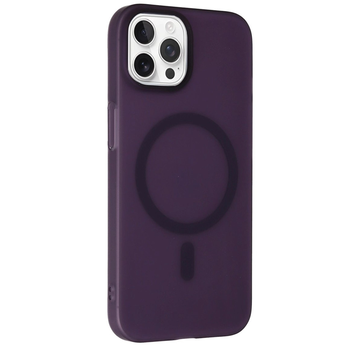 Kamera kesimli ve manyetik halkalı koyu mor iPhone kılıfı.