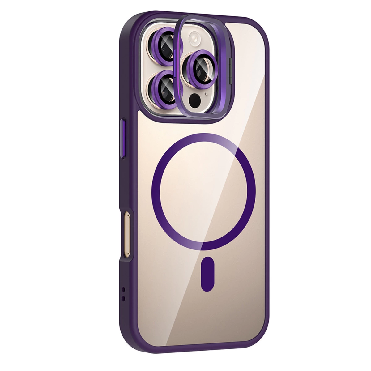 Şeffaf arkalı ve kamera korumalı mor telefon kılıfı.
