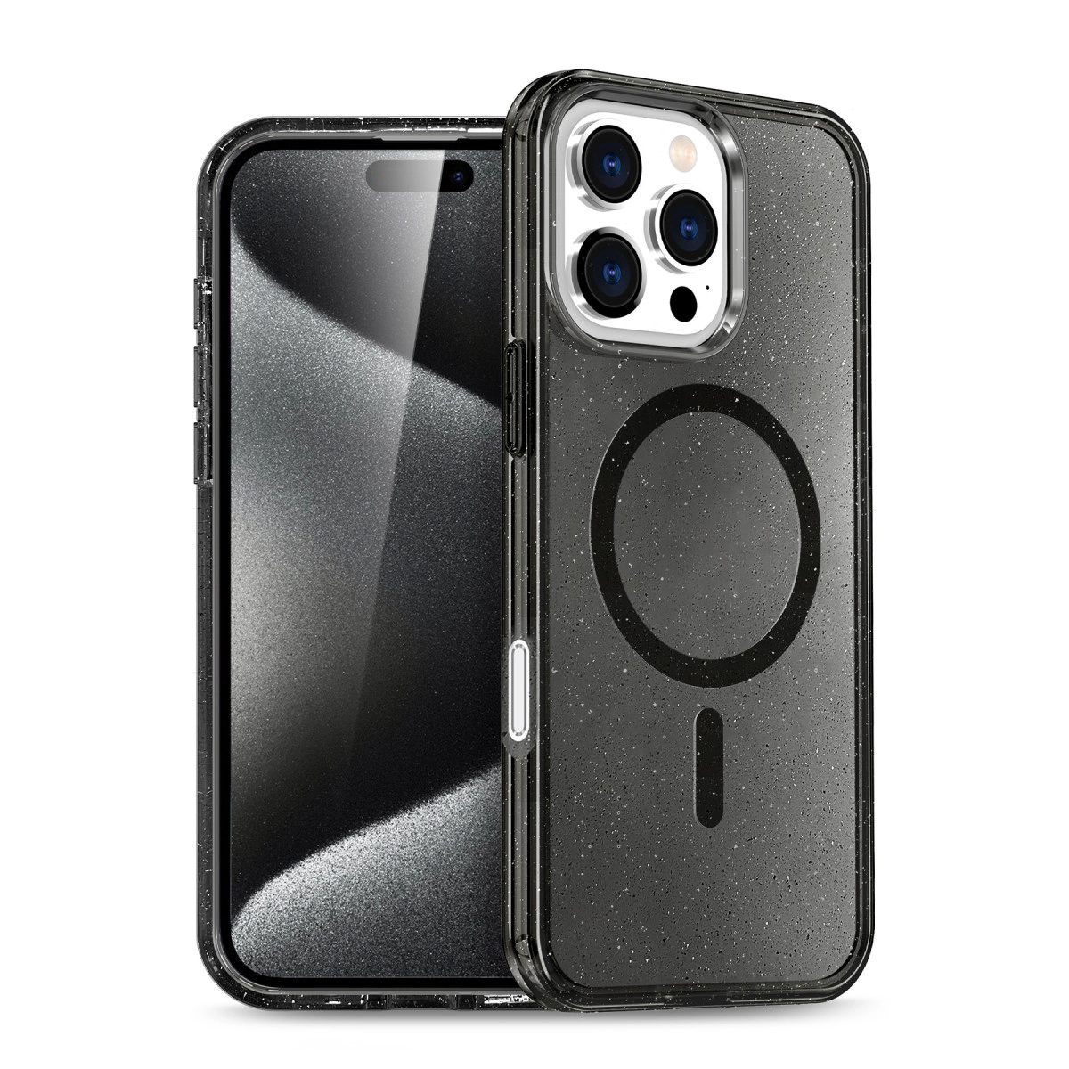Manyetik halkalı simli kılıfta siyah bir telefon.