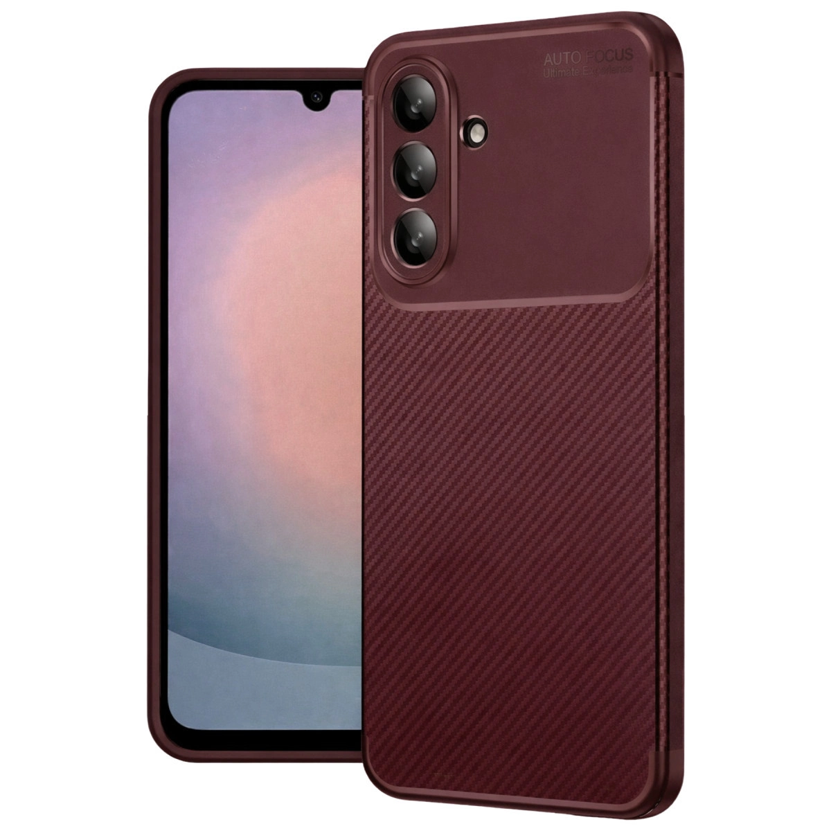 Koyu kırmızı telefon, üçlü kamera ve arkada karbon fiber dokuya sahip.