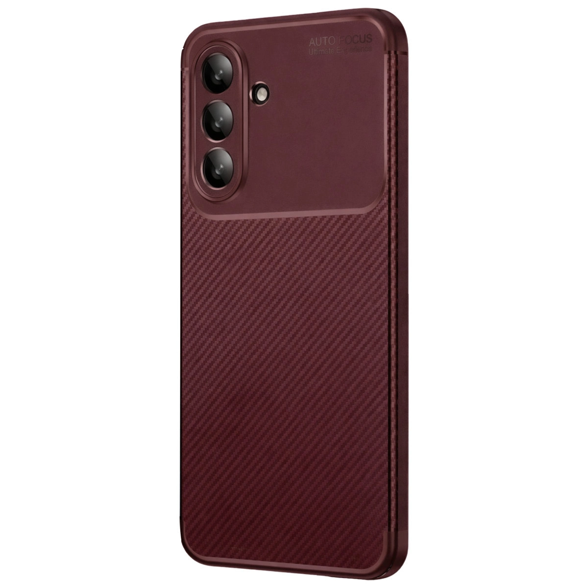 Karbon desenli, üç kameralı koyu kırmızı telefon kılıfı.