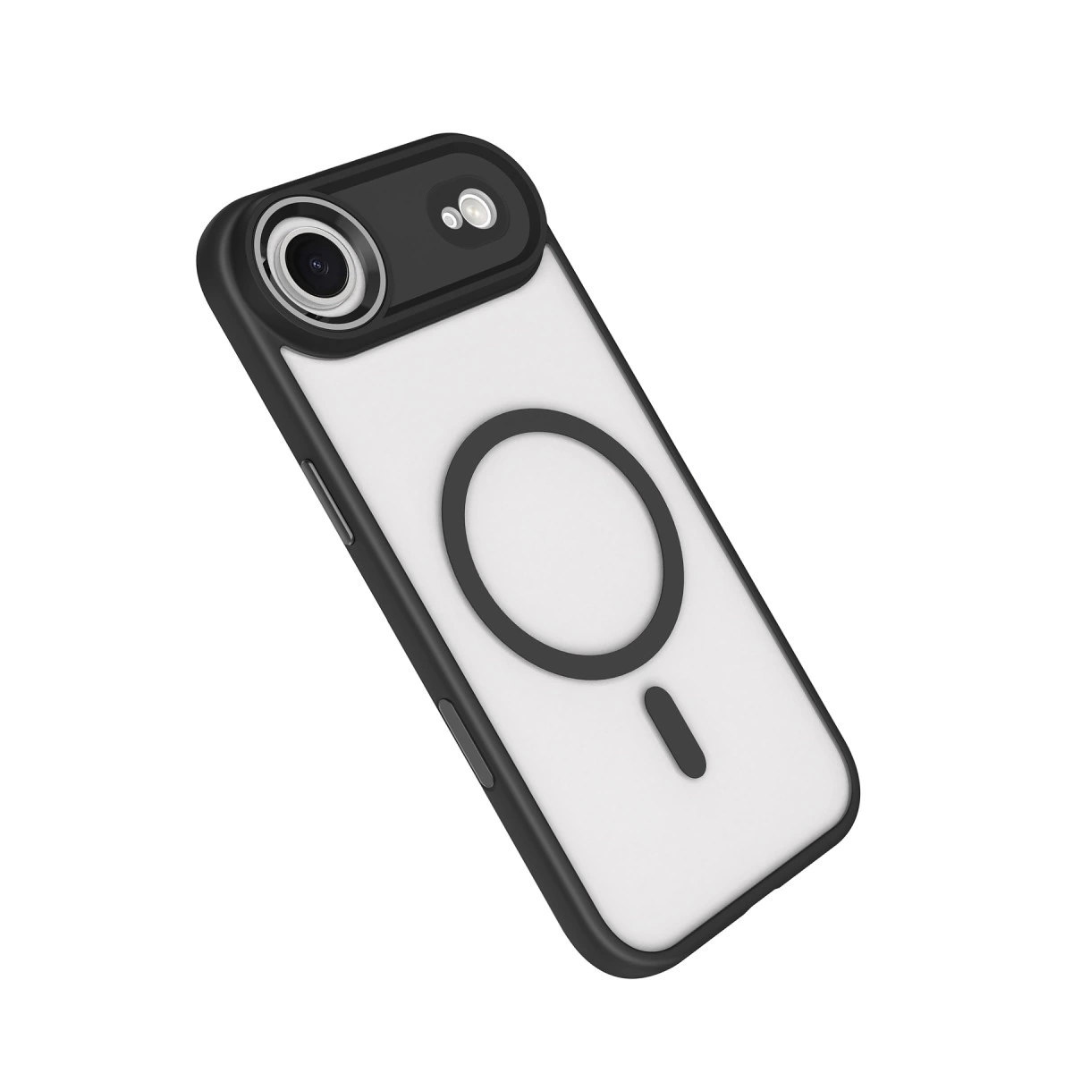 Beyaz arka plan üzerinde MagSafe halkası ve kamera kesimli siyah iPhone kılıfı.