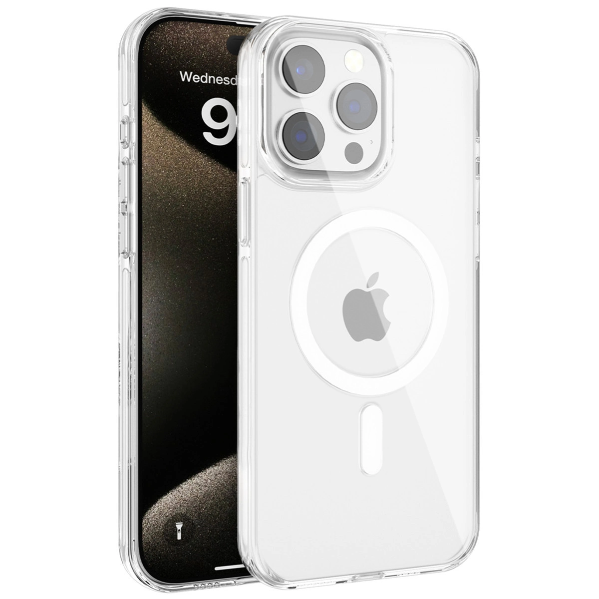 Apple logolu ve iPhone ekranlı şeffaf telefon kılıfı.