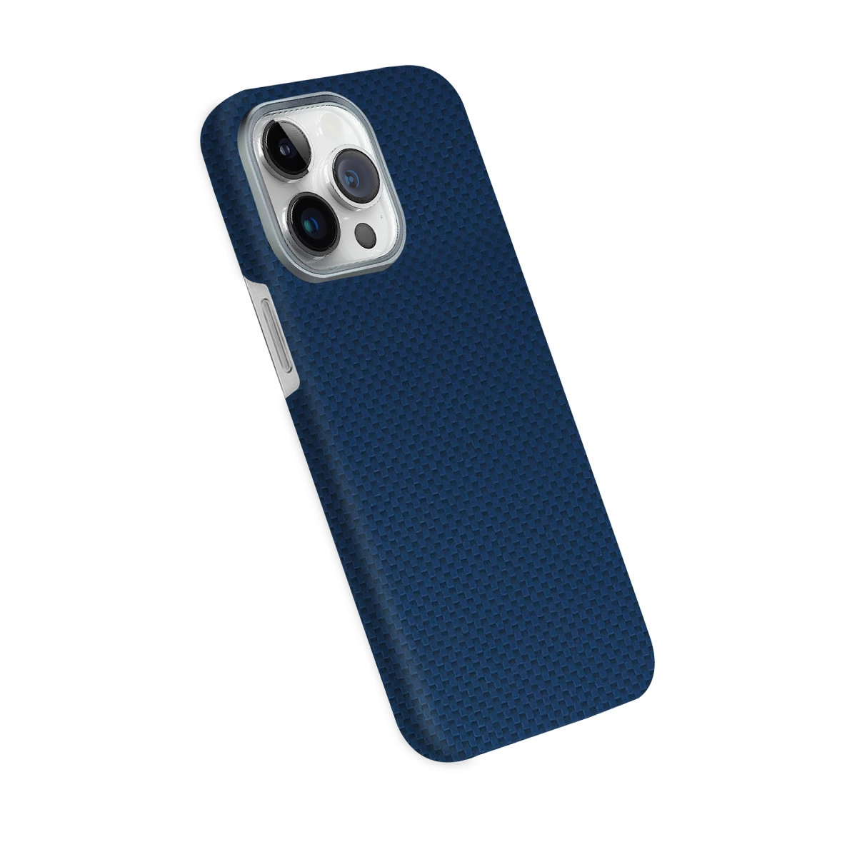 Gümüş aksanlı kamera modülüne sahip lacivert telefon kılıfı.