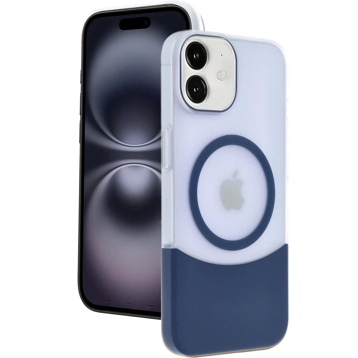 Apple logosu olan mavi ve şeffaf iPhone kılıfı, bir iPhone'un önünde.