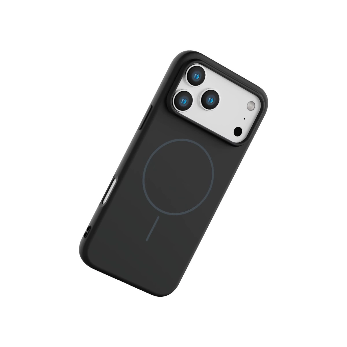 Üç kamera lensli ve MagSafe halkalı siyah telefon kılıfı.