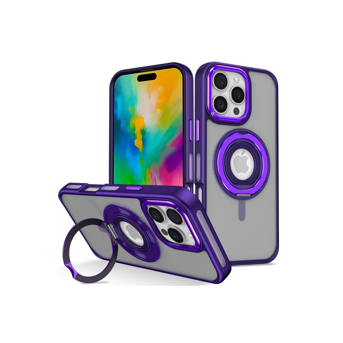 Gri arka plan üzerinde halka tutuculu ve Apple logolu mor telefon kılıfı.