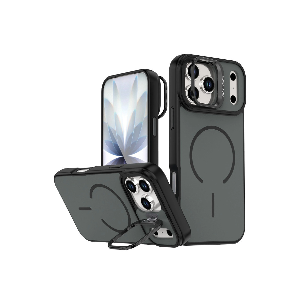 Üç koyu renkli telefon kılıfı, kamera çıkıntıları ve halka tutucular beyaz arka planda.