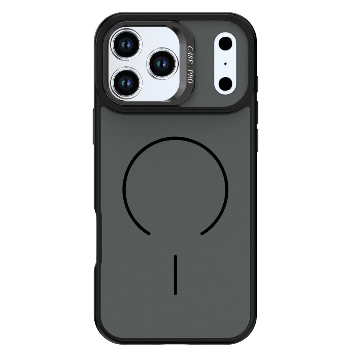 Üç kamera lensli ve flaşlı koyu gri telefon kılıfı.