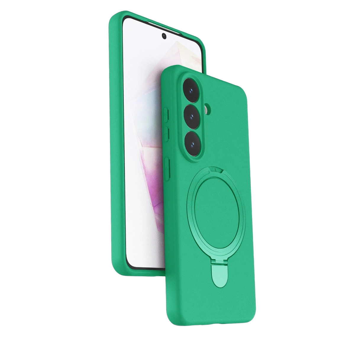 Üç kamera lensli ve halka tutuculu yeşil telefon kılıfı, akıllı telefonun yanında.