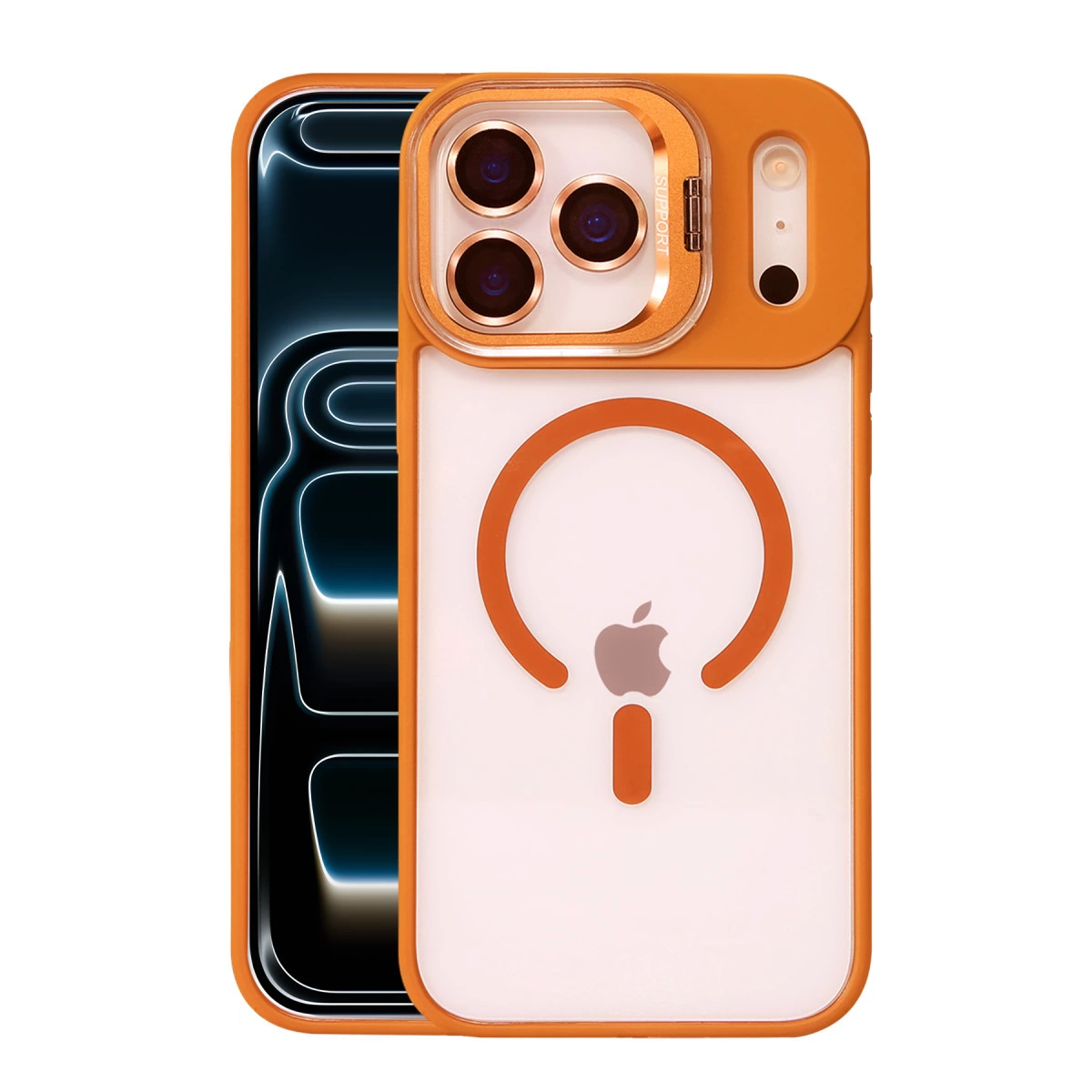 NEWFACE iPhone 17 Pro Max Uyumlu Remim Lensli Magsafe Standlı Kapak Telefon Kılıfı Turuncu