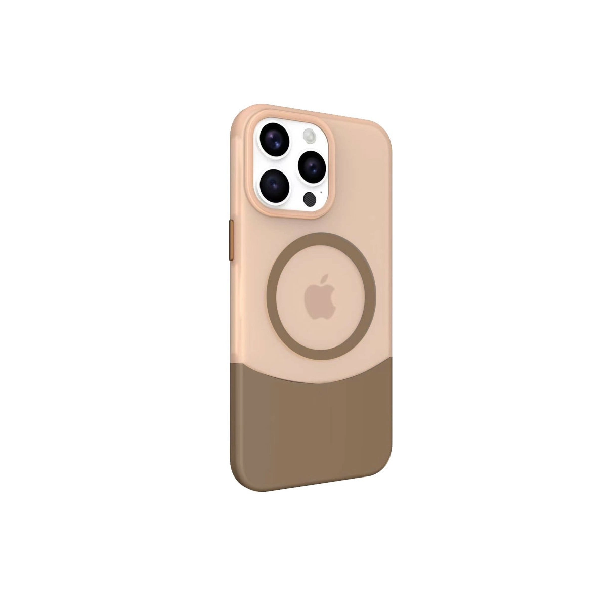 Kamera modülü ve Apple logosu bulunan bej ve kahverengi iPhone kılıfı.