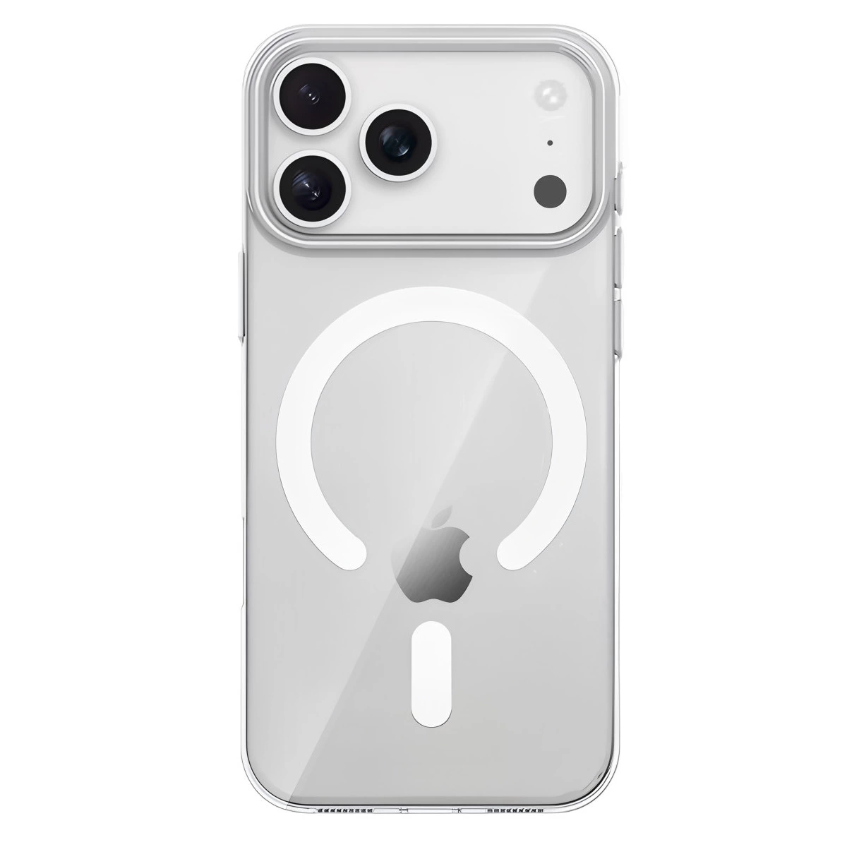 Üç kameralı, Apple logolu ve MagSafe halkalı şeffaf telefon kılıfı.