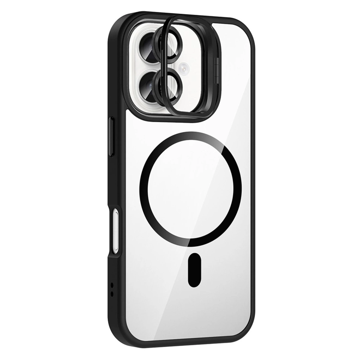 Şeffaf arkalı ve kamera kesimli siyah telefon kılıfı.