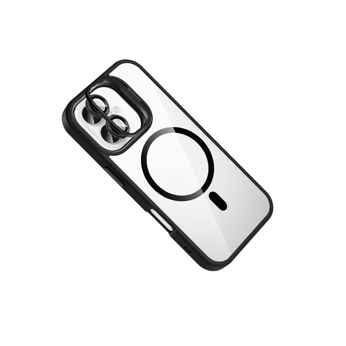 Siyah çerçeveli ve MagSafe halkalı şeffaf telefon kılıfı.