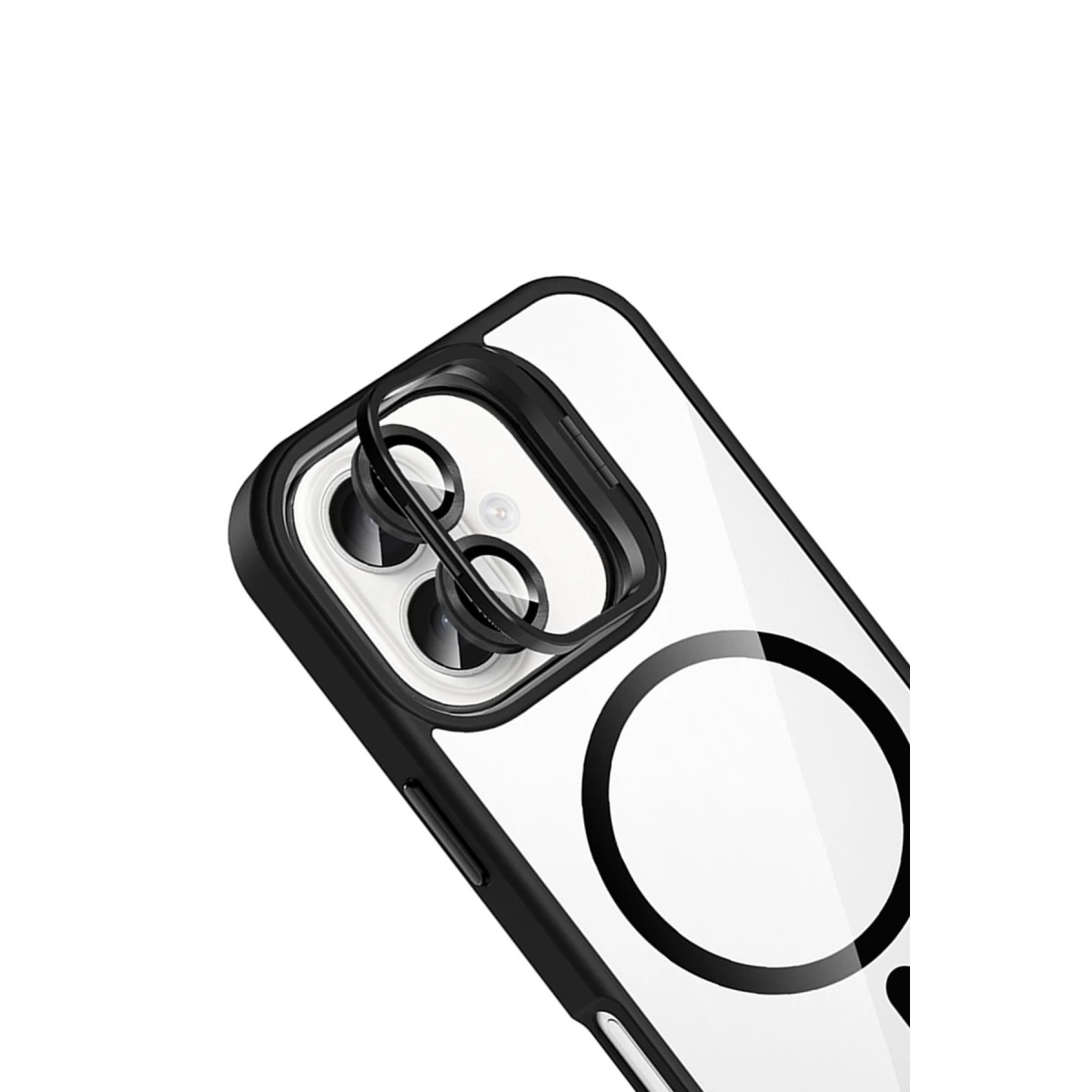 Siyah kenarlı ve lens korumalı şeffaf telefon kılıfı.
