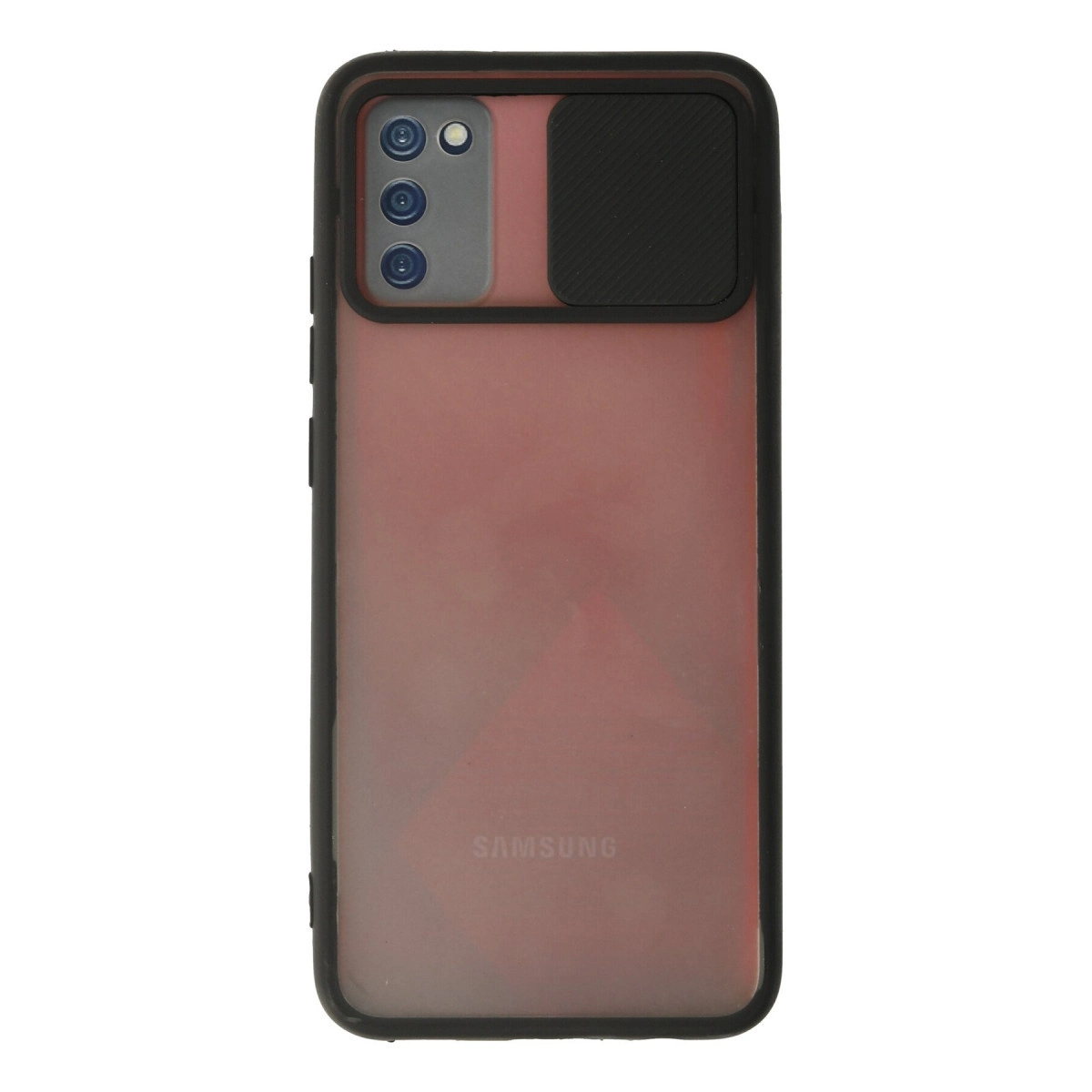 Kamera kapaklı ve Samsung logolu, yarı saydam kırmızı telefon kılıfının arkası.