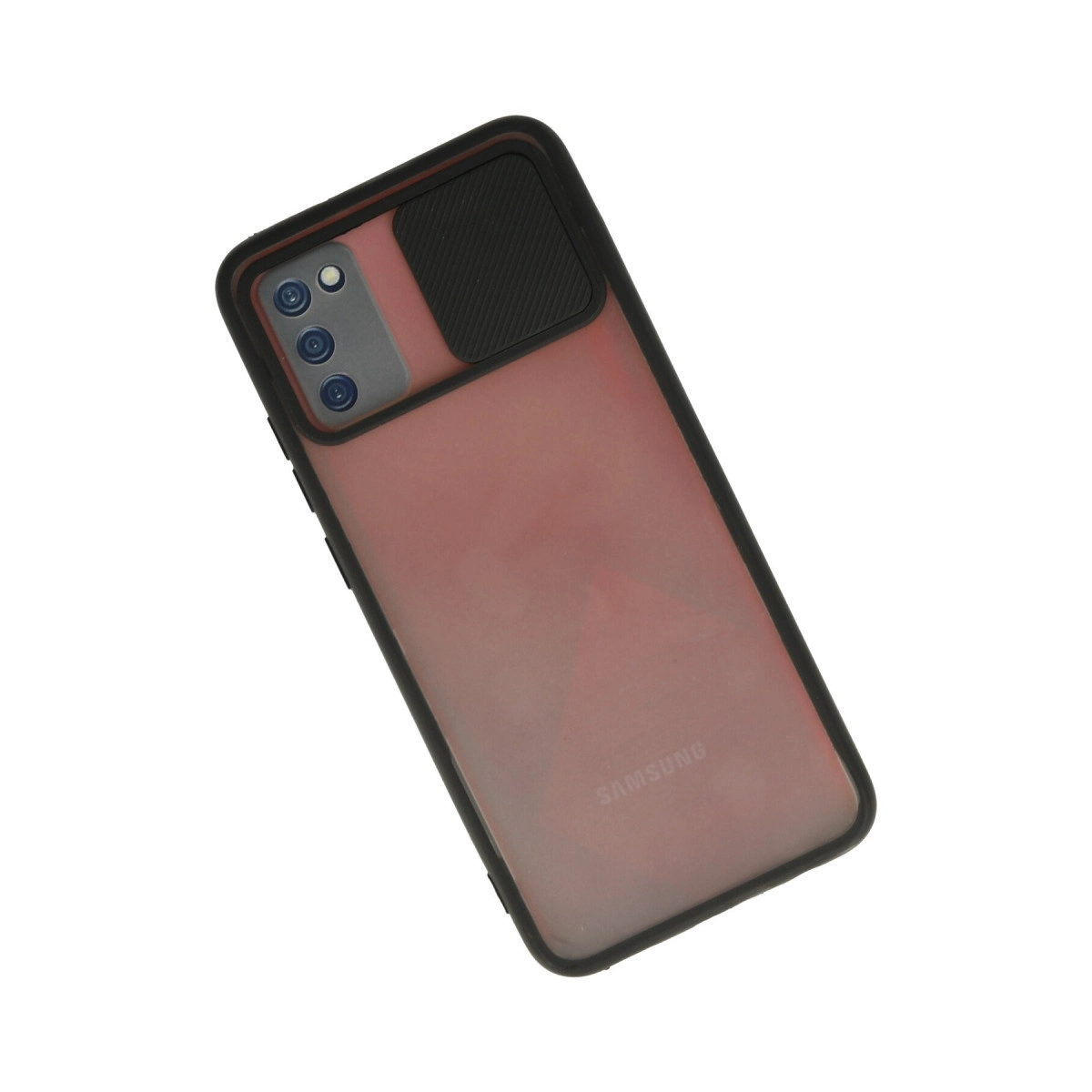 Pembe şeffaf arka yüzünde kamera koruması ve Samsung logosu bulunan şeffaf telefon kılıfı.