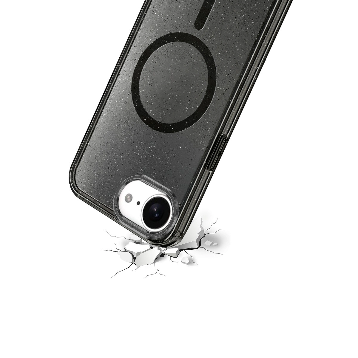 Mıknatıslı halkalı siyah telefon kılıfı çatlak yüzeye düşüyor.