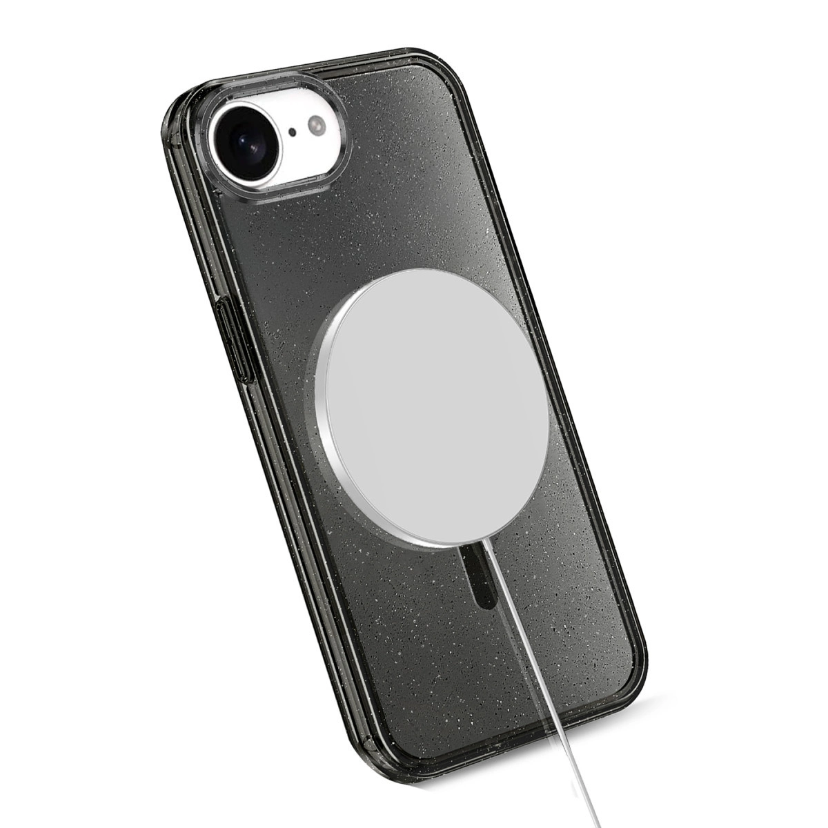 Arkada yuvarlak şarj plakası olan siyah bir iPhone.