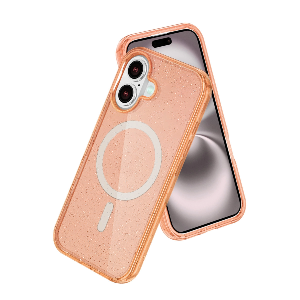 Bir telefonda pembe simli ve manyetik halkalı şeffaf telefon kılıfı.