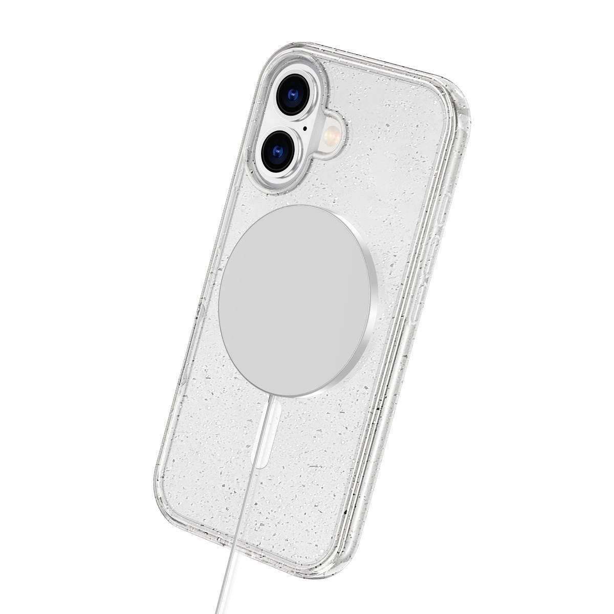 Simli şeffaf telefon kılıfı ve şarj kablosu.