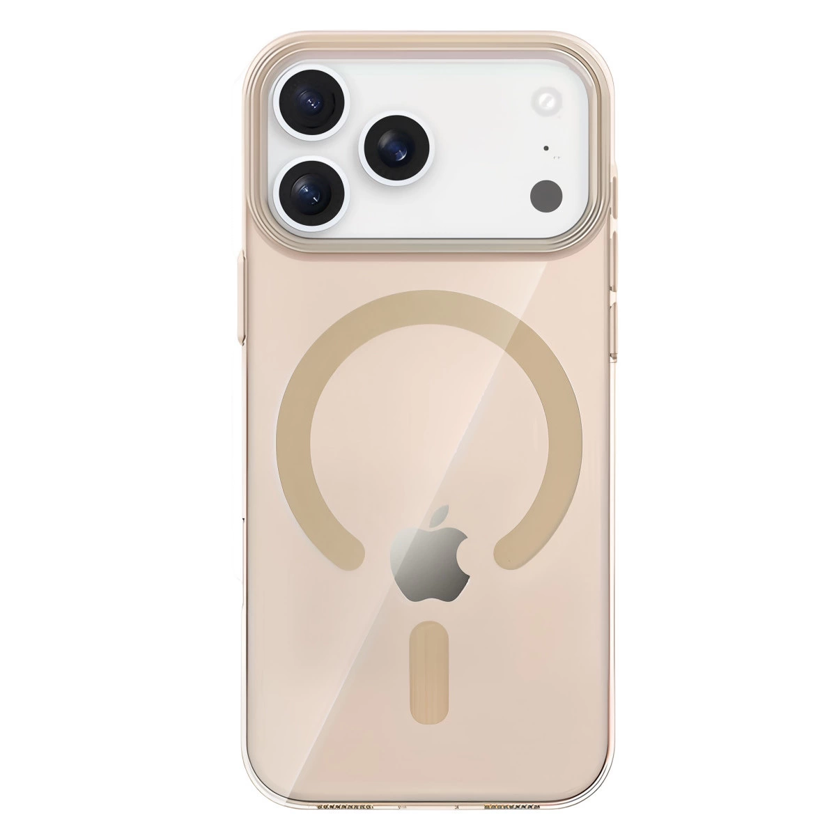 Altın rengi şeffaf iPhone kılıfı, Apple logosunu ve kamera grubunu gösteriyor.