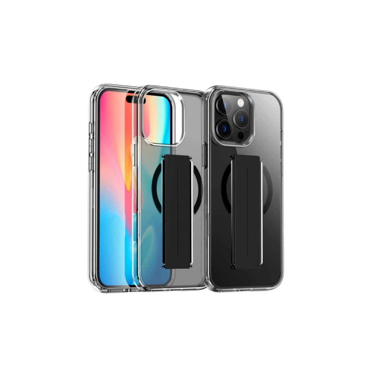 Arkada stantlı iki şeffaf telefon kılıfı beyaz arka planda.