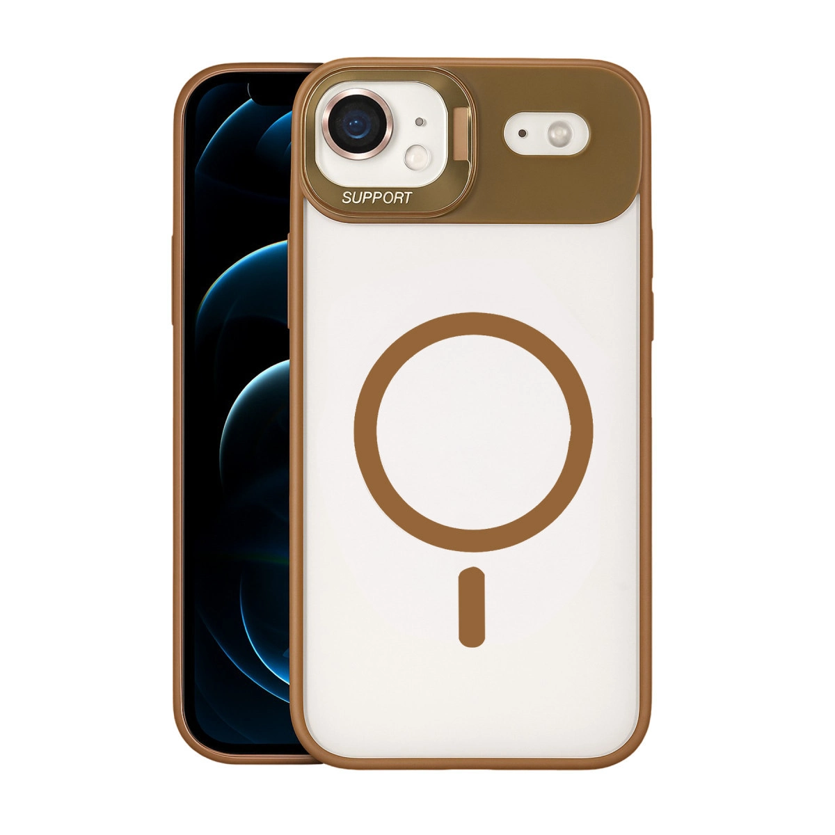 Kahverengi vurgular ve kamera kesimli beyaz iPhone kılıfı.
