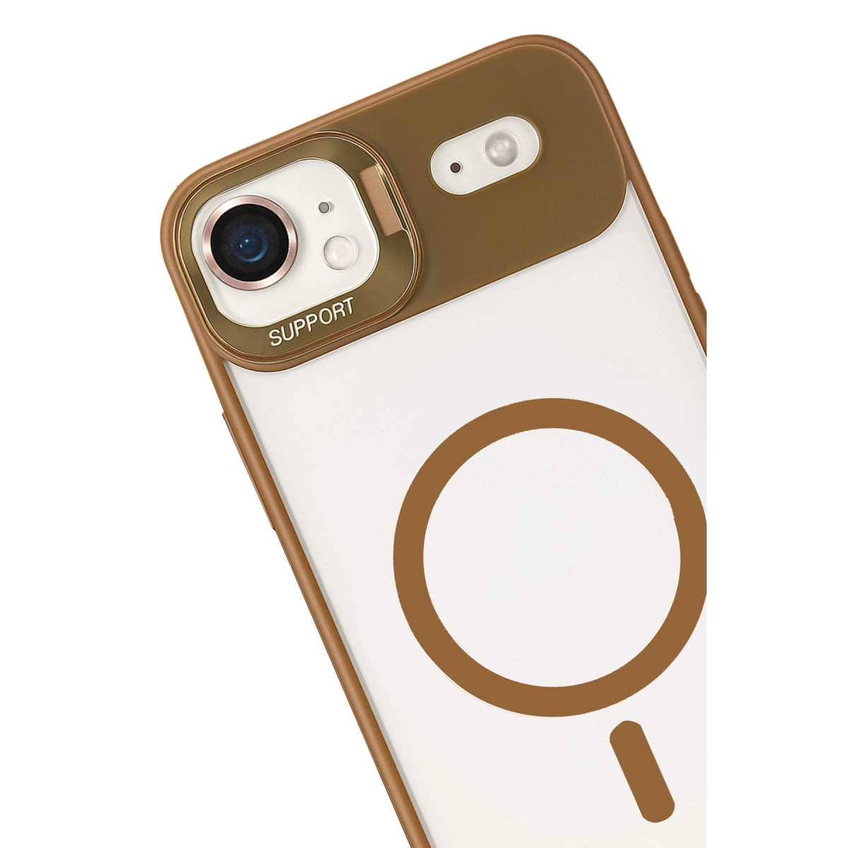 Kamera ve halka tasarımlı kahverengi iPhone kılıfı.
