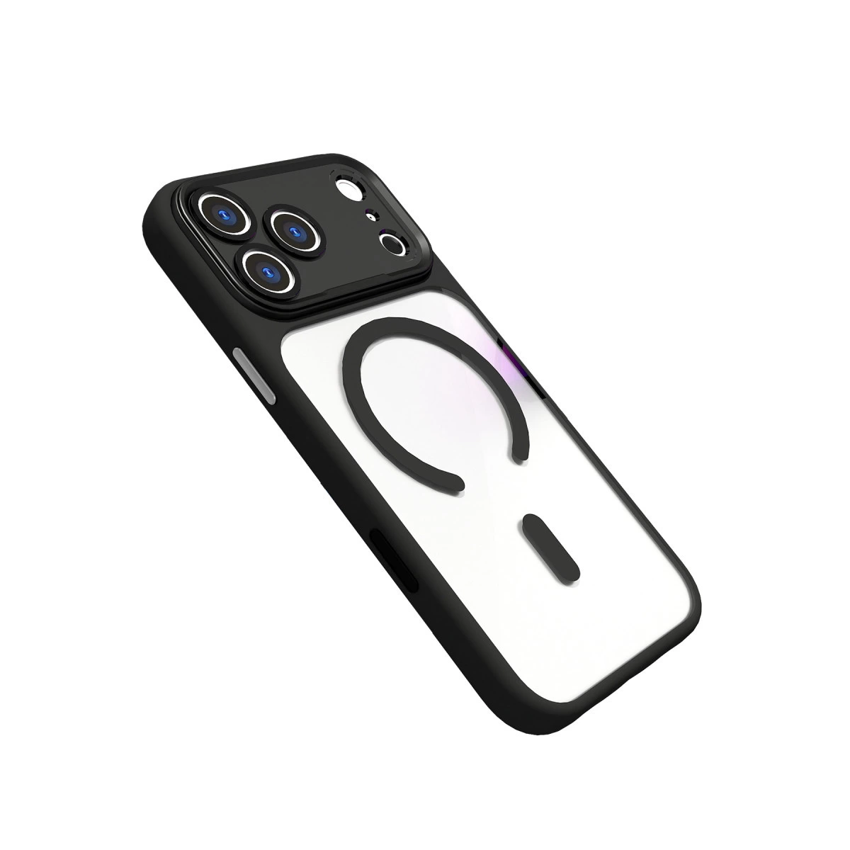Şeffaf kılıflı ve MagSafe halkalı siyah telefon.