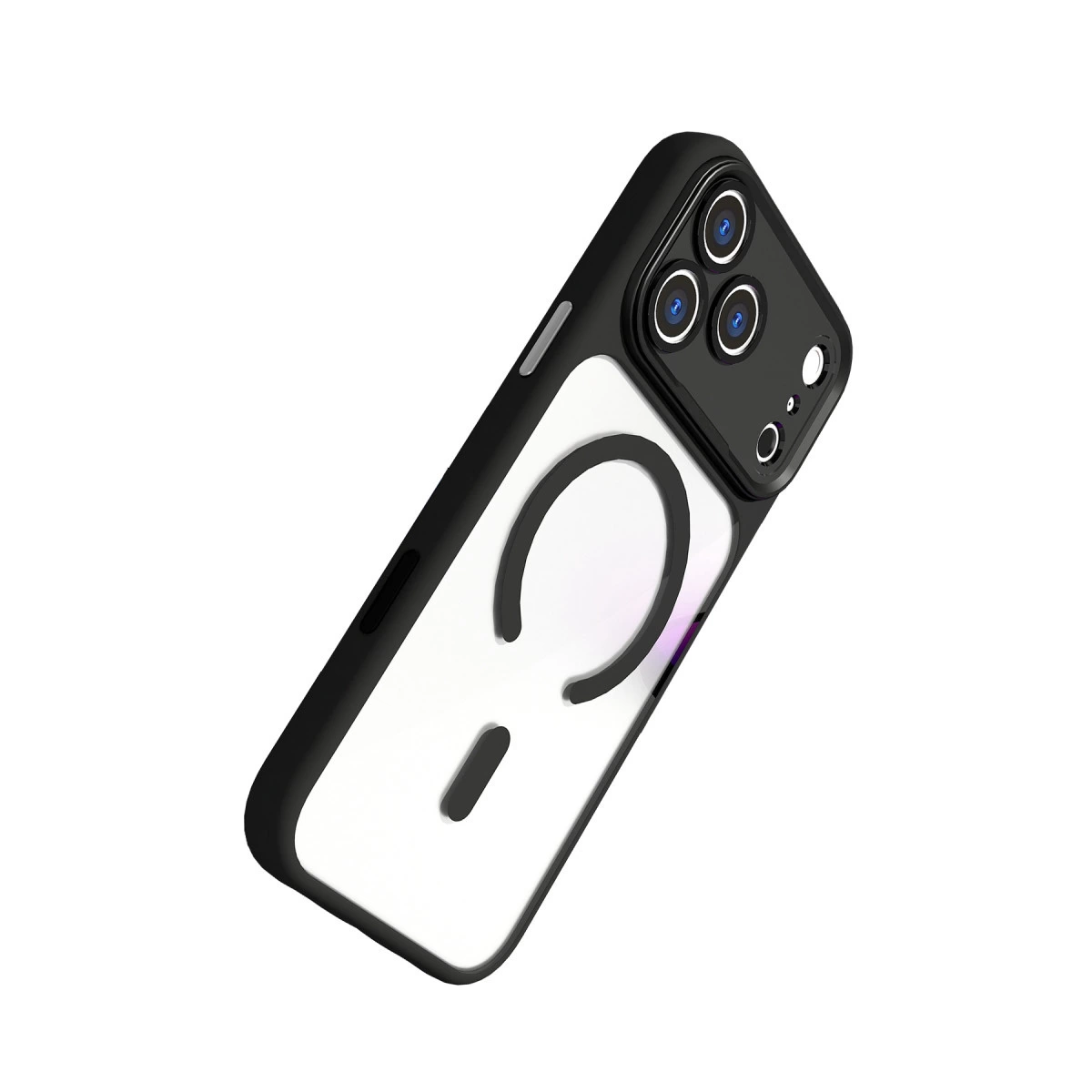 MagSafe halkalı siyah iPhone kılıfı, beyaz arka plan üzerinde.