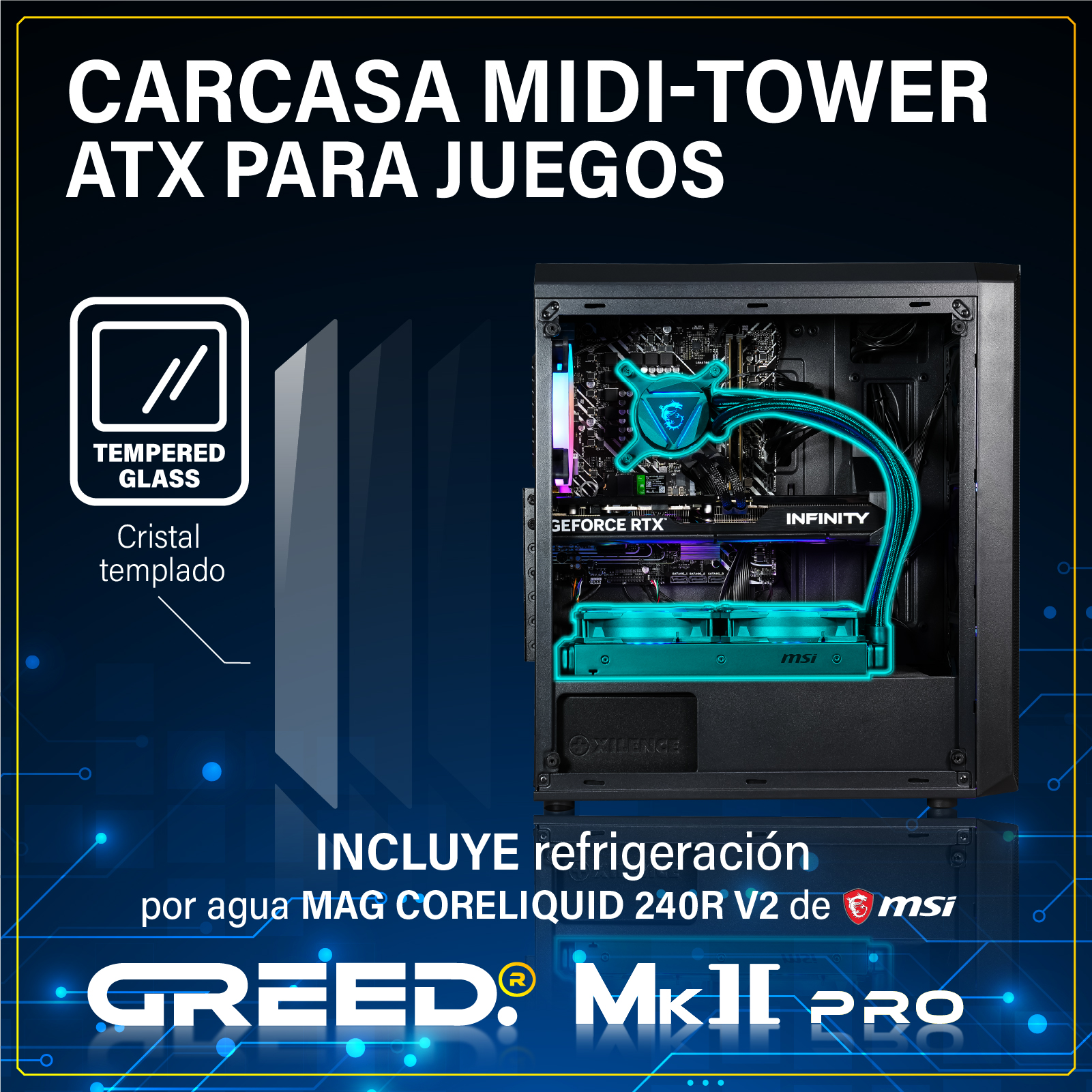 Caja gaming midi-tower con frontal de cristal, refrigeración líquida y ventiladores RGB.