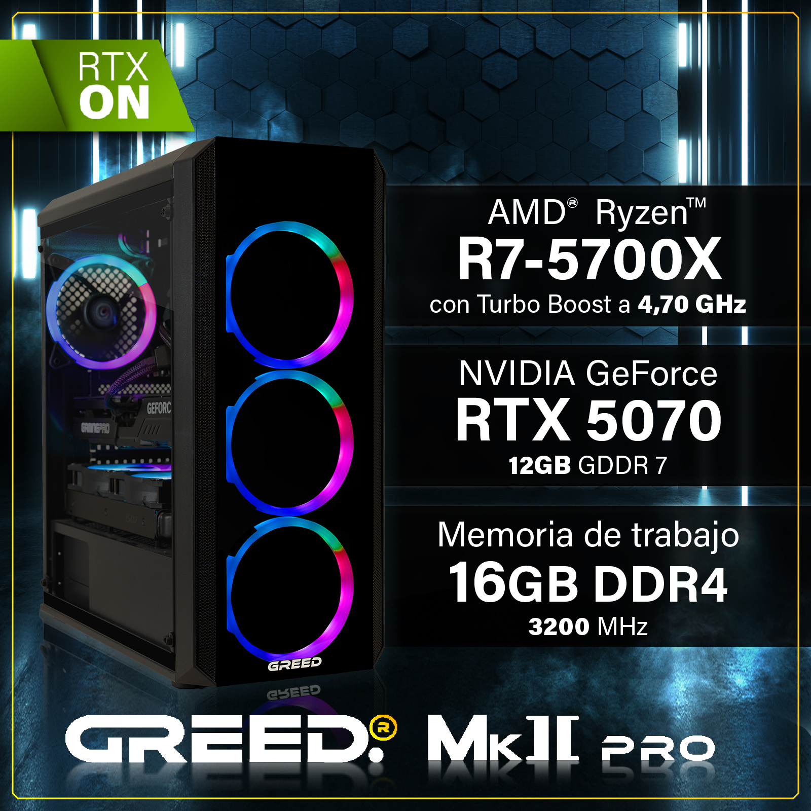 Un PC gaming con ventiladores RGB, AMD Ryzen R7-5700X, RTX 5070, 16GB DDR4.