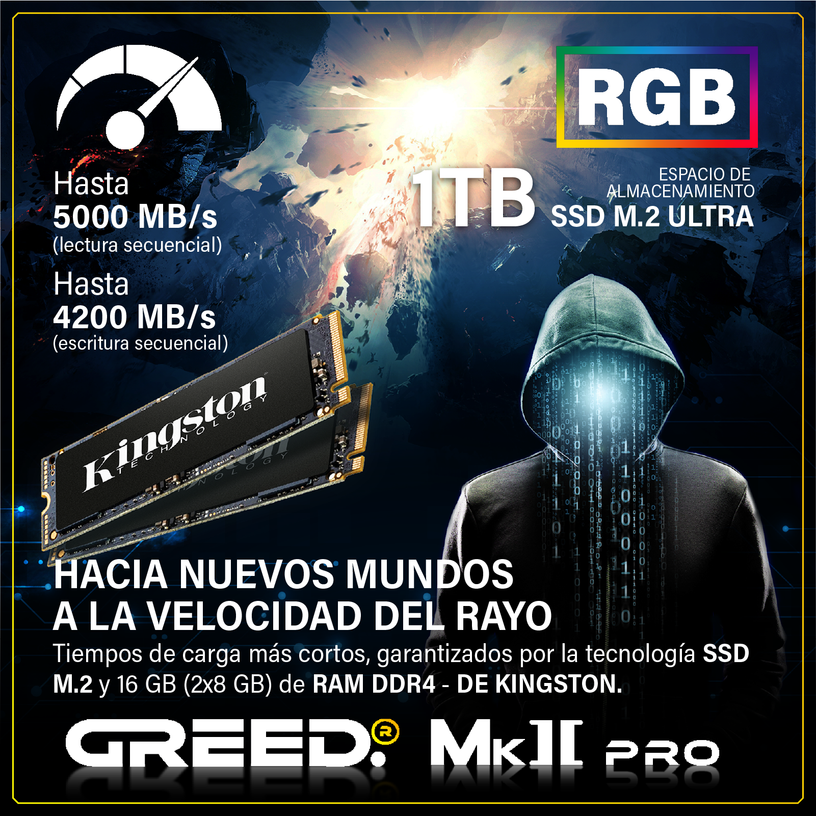 Hombre con capucha ante un fondo digital, SSDs Kingston y logo RGB.