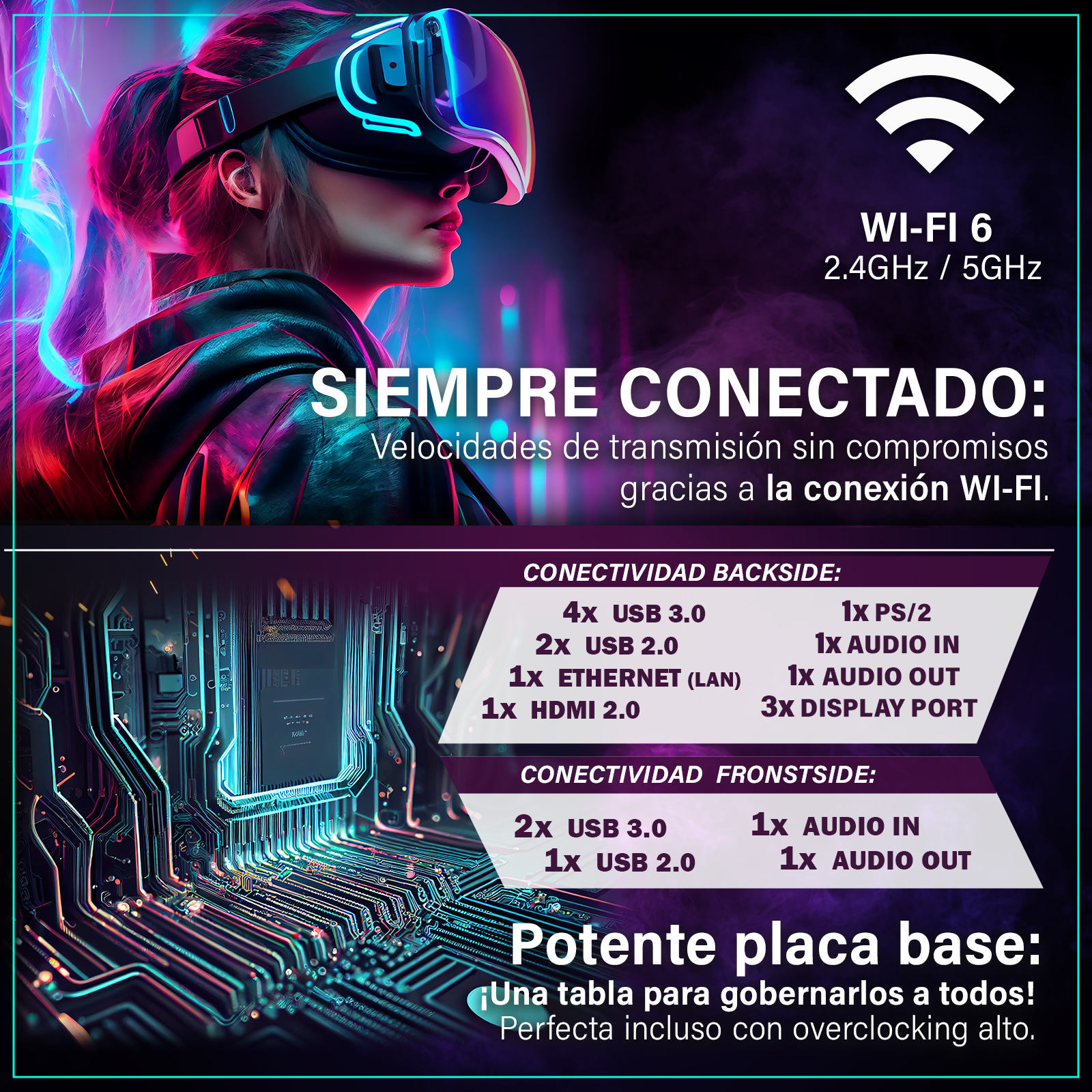 Mujer con visor VR, fondo tecnológico, texto sobre Wi-Fi 6 y puertos.