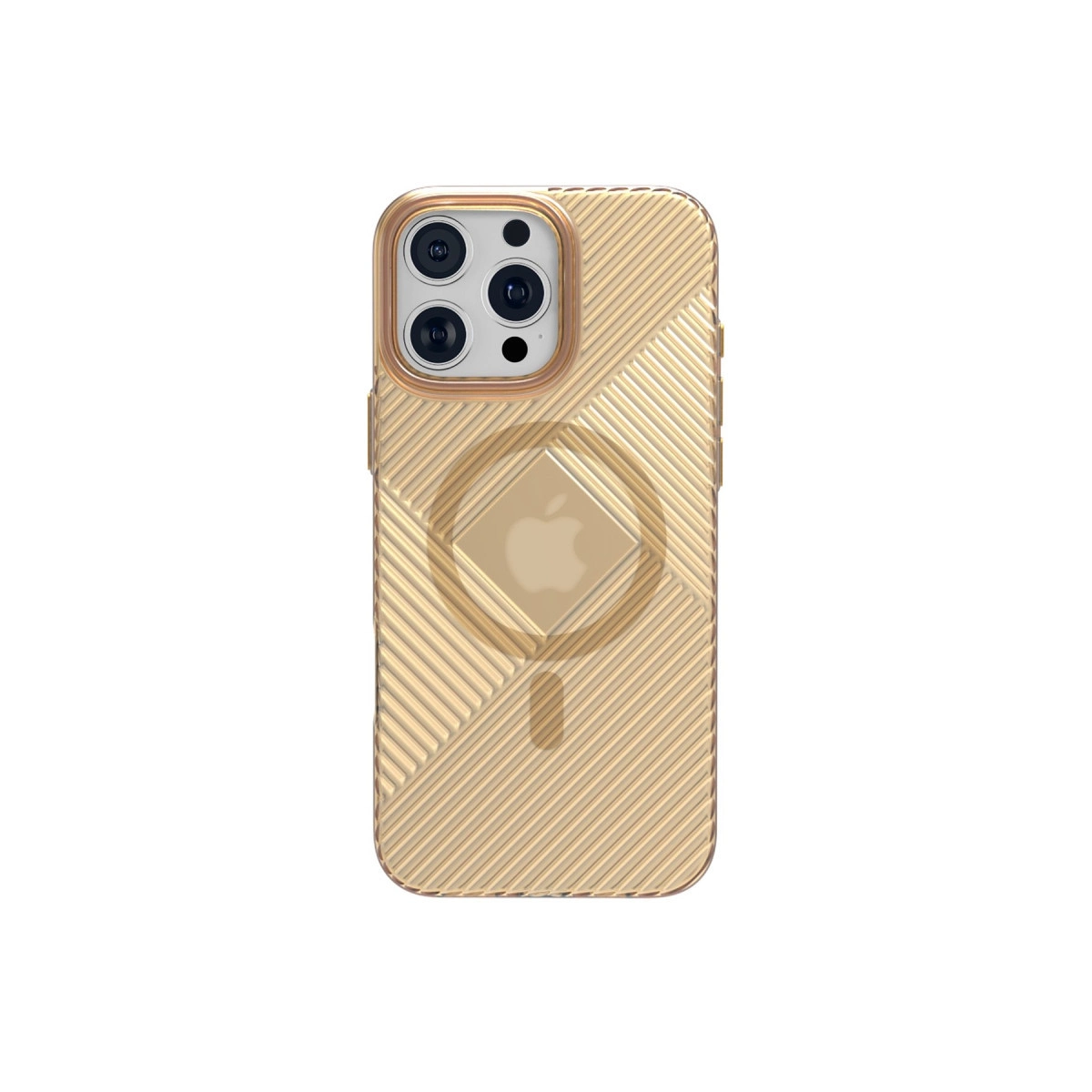Kamera kesimli ve Apple logolu altın rengi telefon kılıfı.
