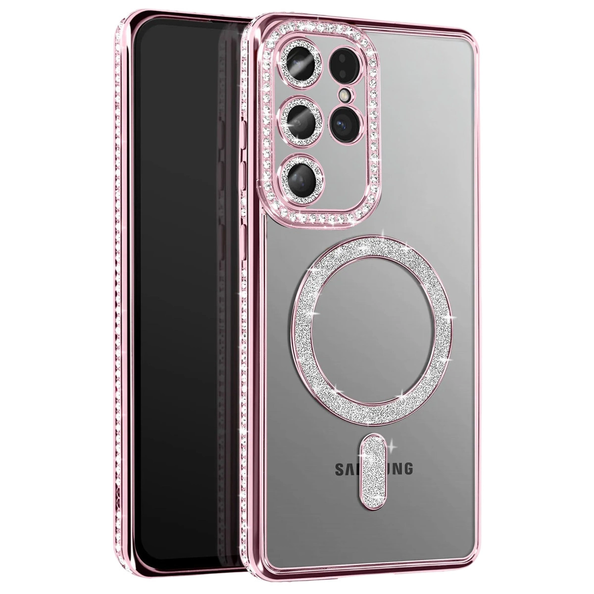 Kamerayı ve bir halkayı süsleyen, taşlarla bezeli rose gold telefon kılıfı.