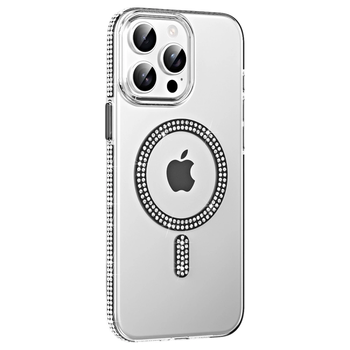 Elmas ve Apple logosuyla süslenmiş şeffaf telefon kılıfı.