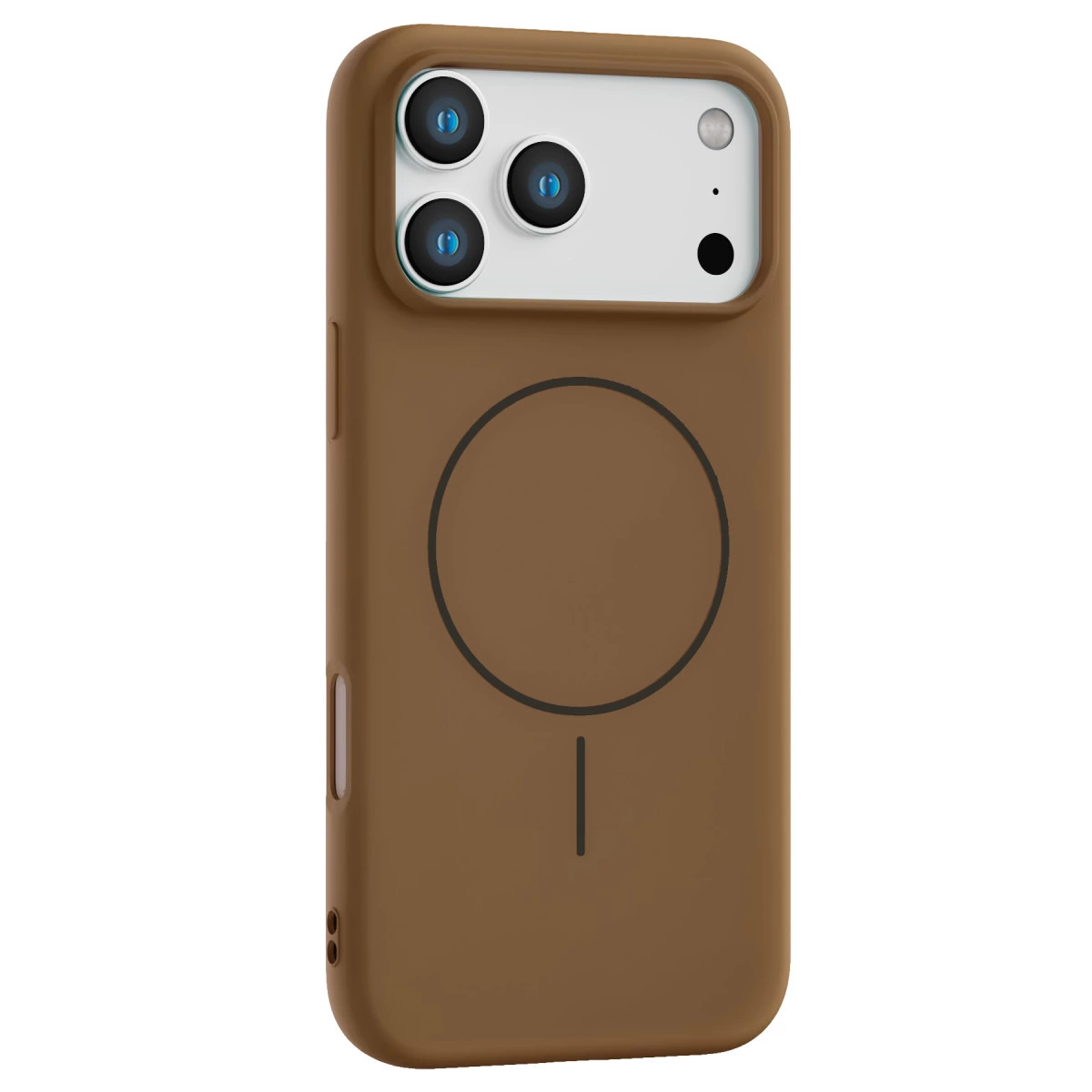 Üç kamera lensli ve manyetik halkalı kahverengi telefon kılıfı.