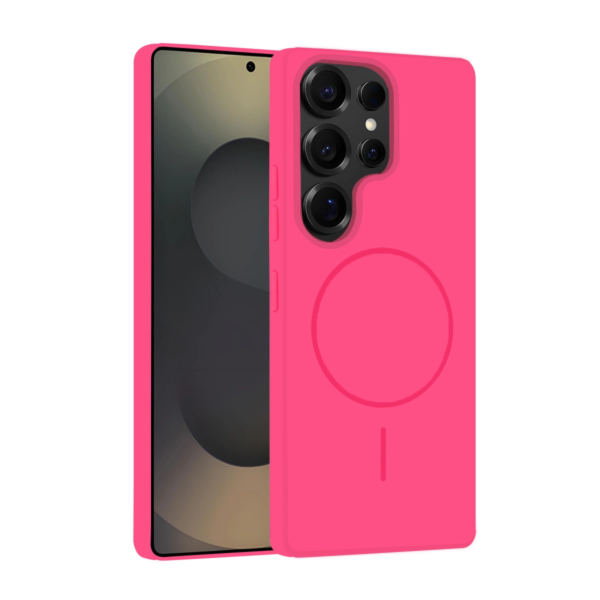 Kamera modülü ve dairesel tasarımlı parlak pembe telefon kılıfı.