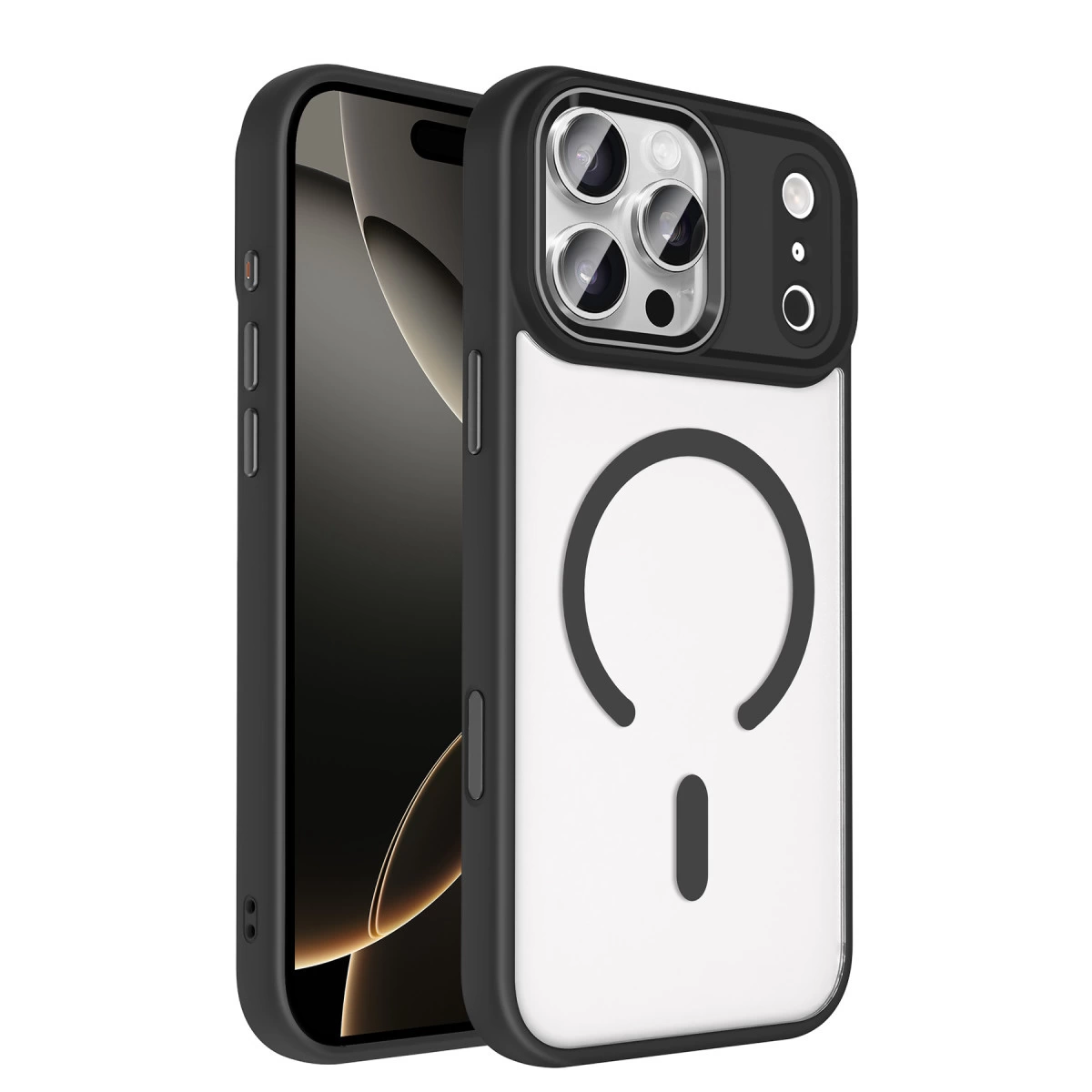Beyaz arka, kamera çıkıntısı ve manyetik halkalı siyah iPhone kılıfı.