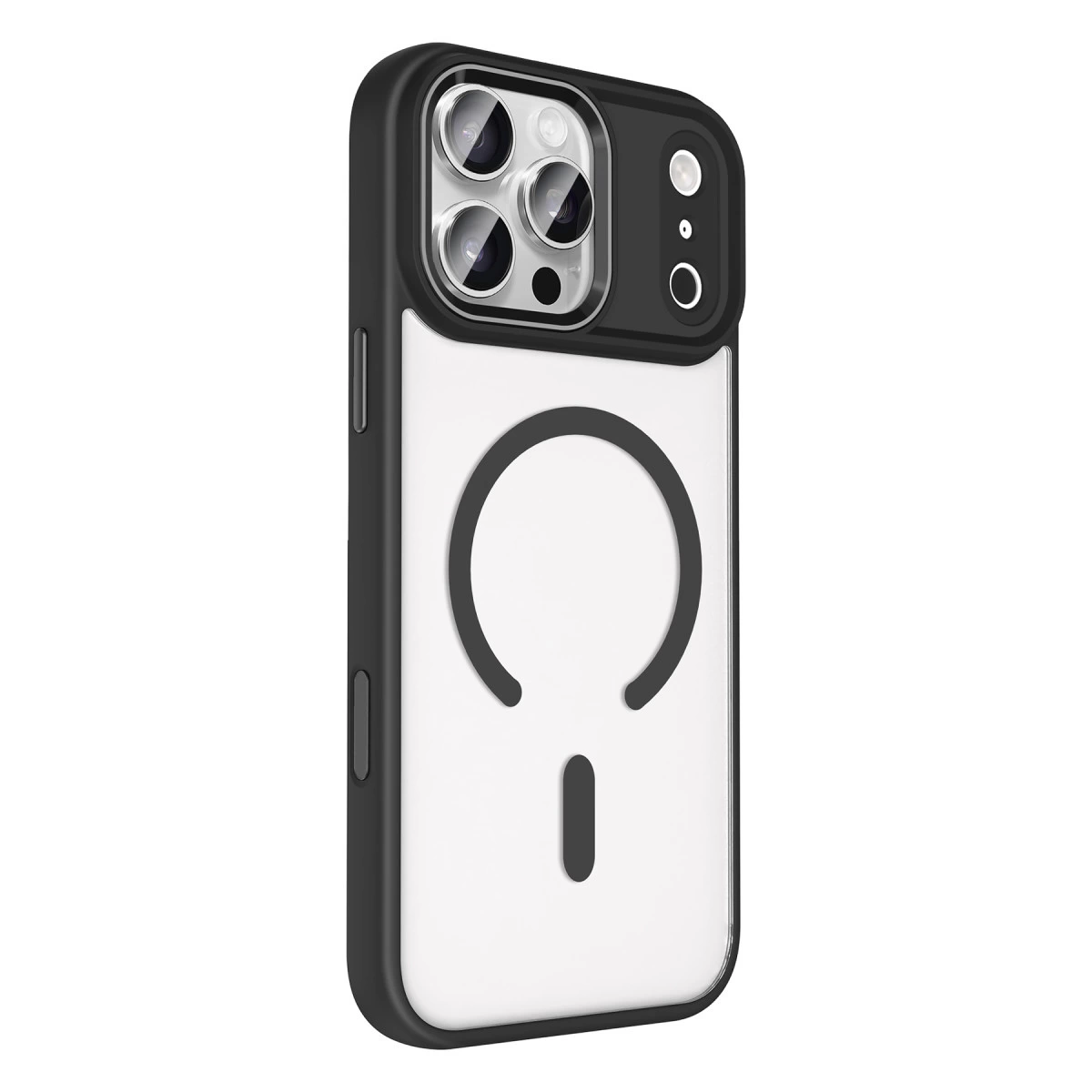 Üç kameralı siyah telefon kılıfı, beyaz arka yüzey.