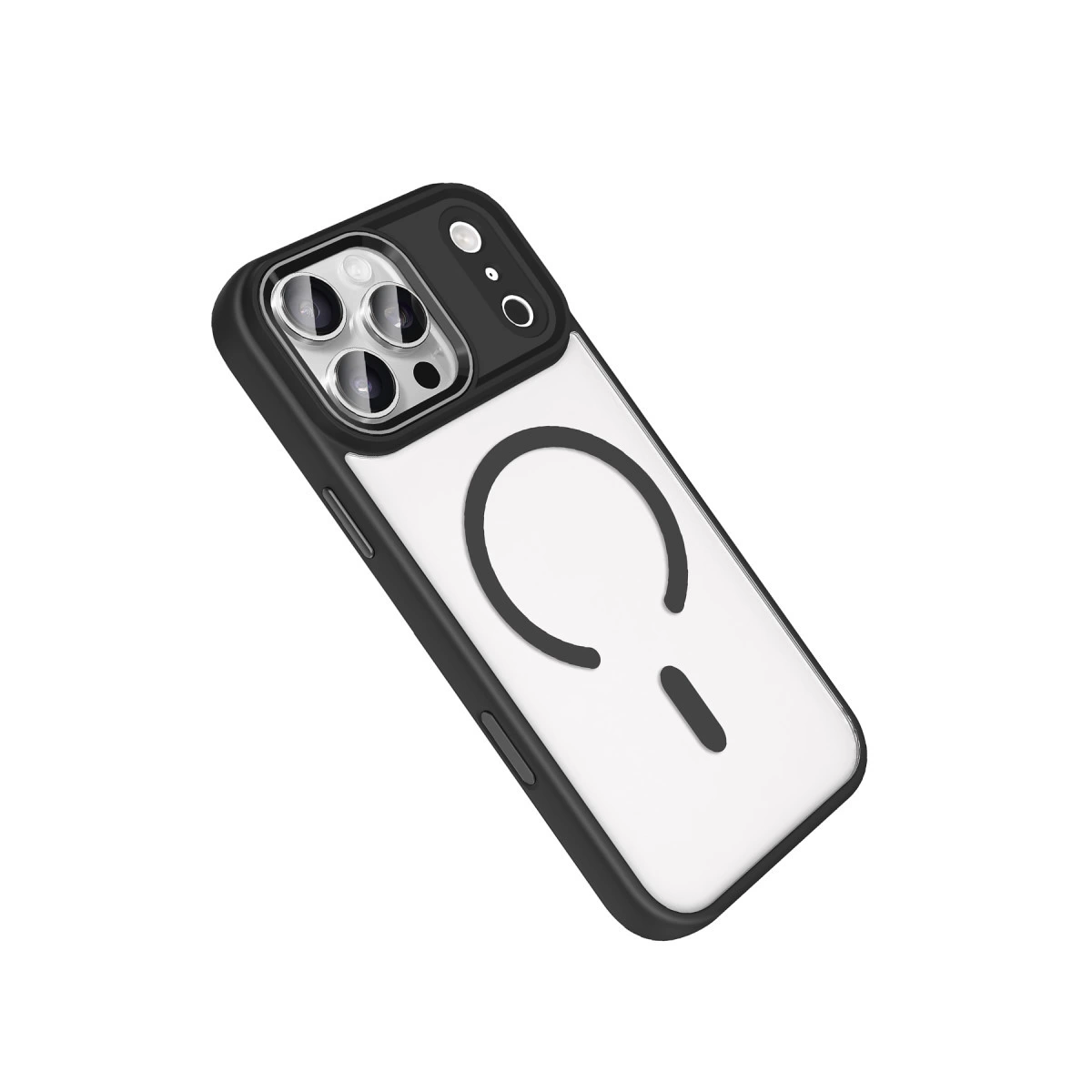 Şeffaf arkalı ve MagSafe halkalı siyah telefon kılıfı.