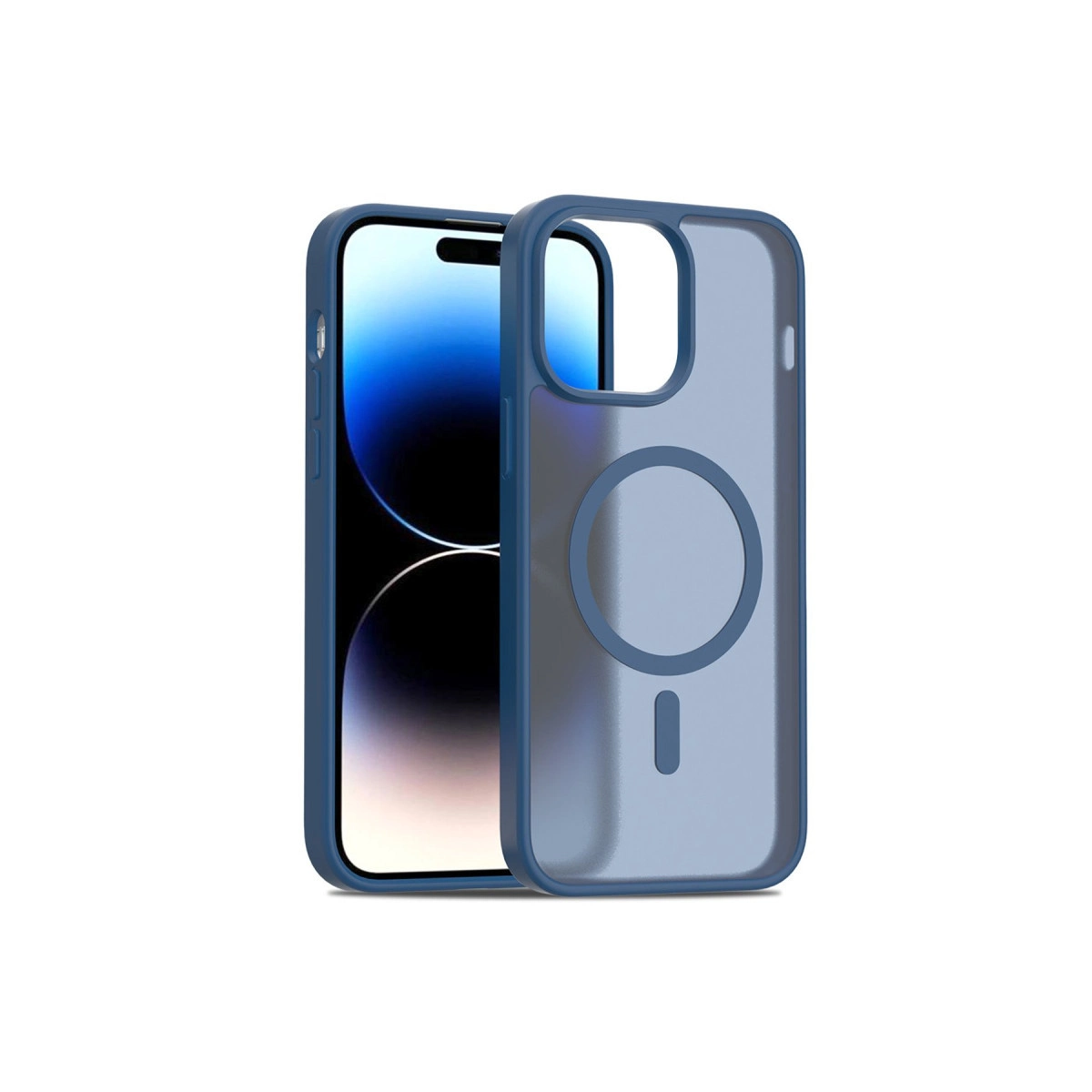 Mıknatıslı halkalı şeffaf kılıflı mavi bir iPhone.