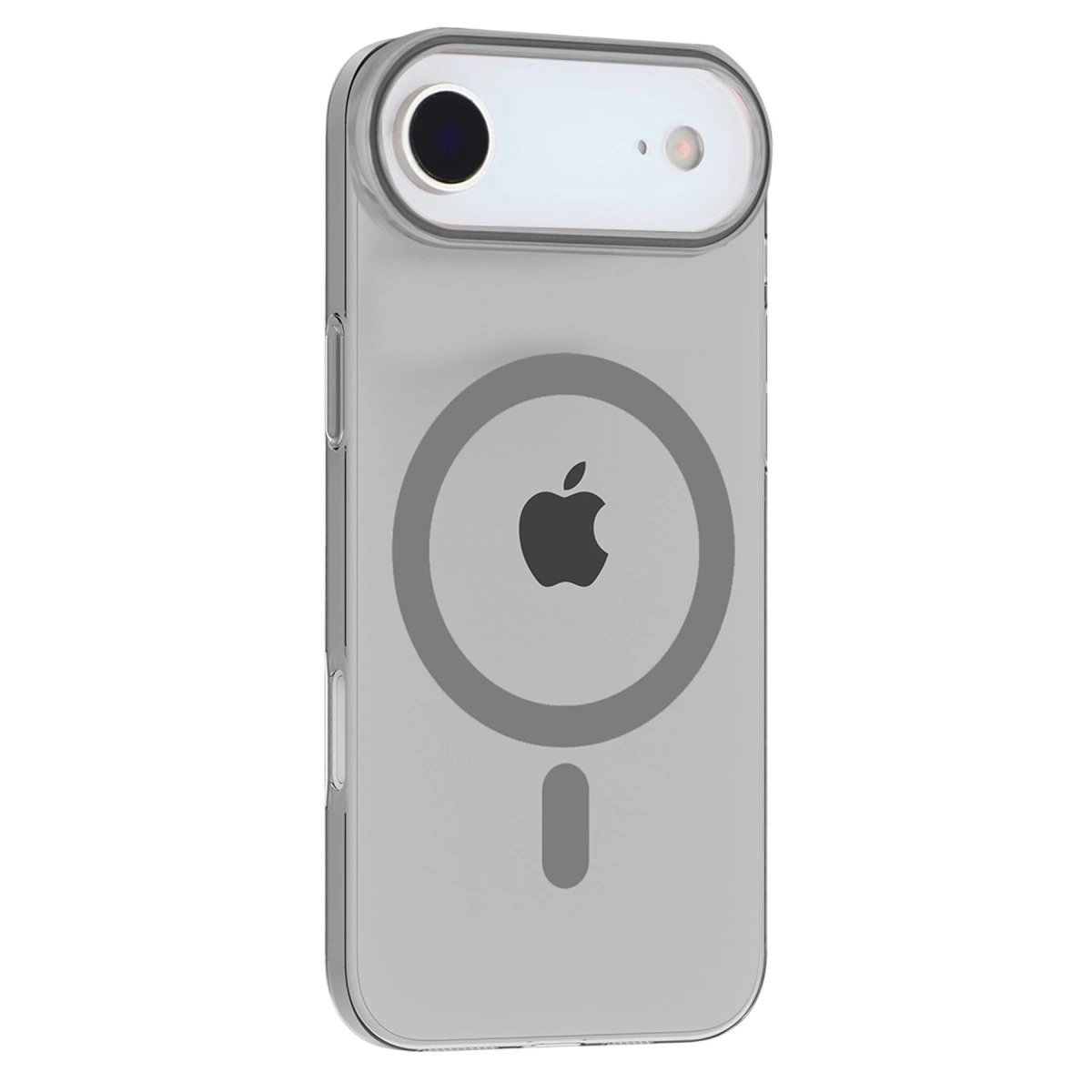 Apple logosu ve MagSafe halkası olan şeffaf telefon kılıfı.