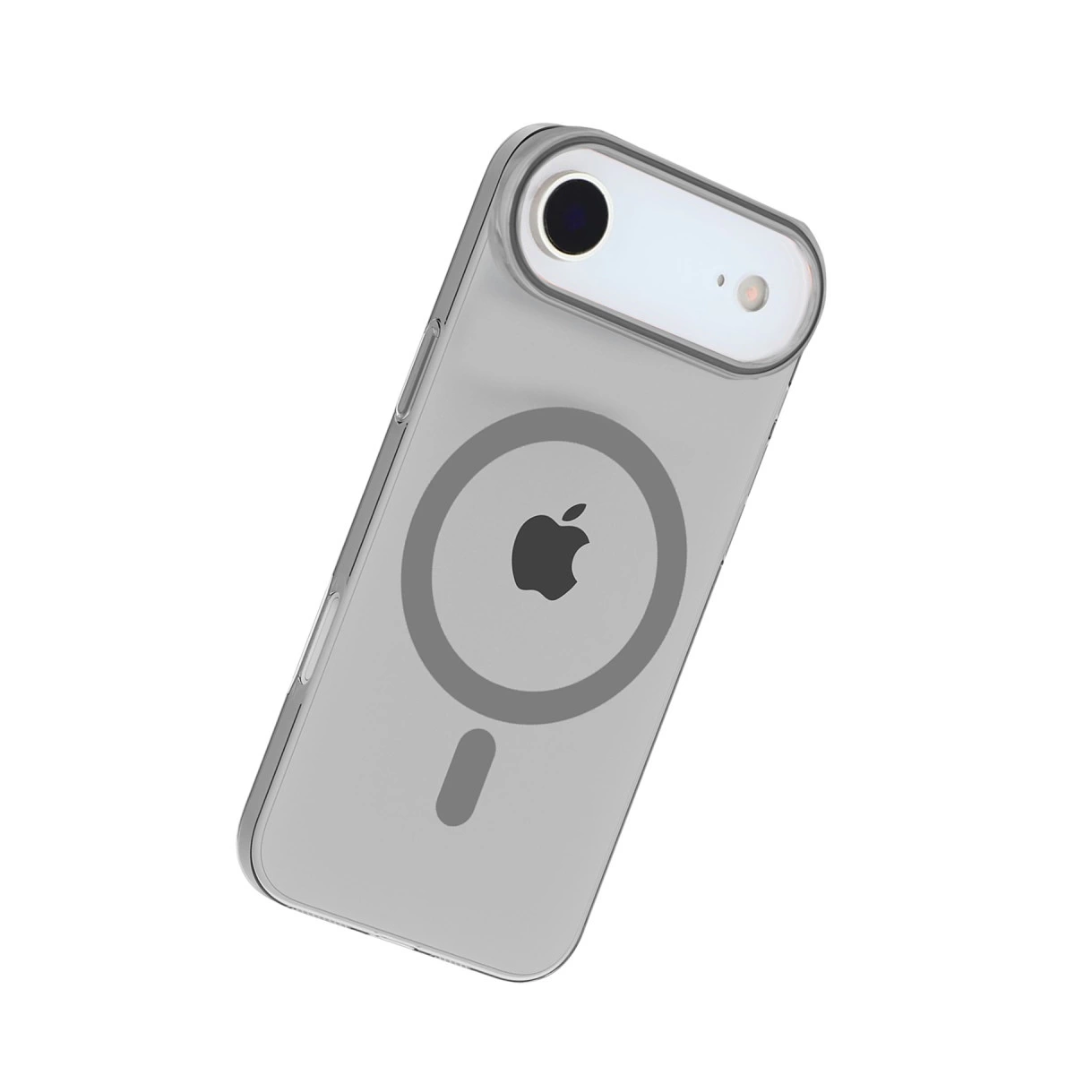 iPhone arkasında Apple logosu ve manyetik halka bulunan şeffaf kılıf.