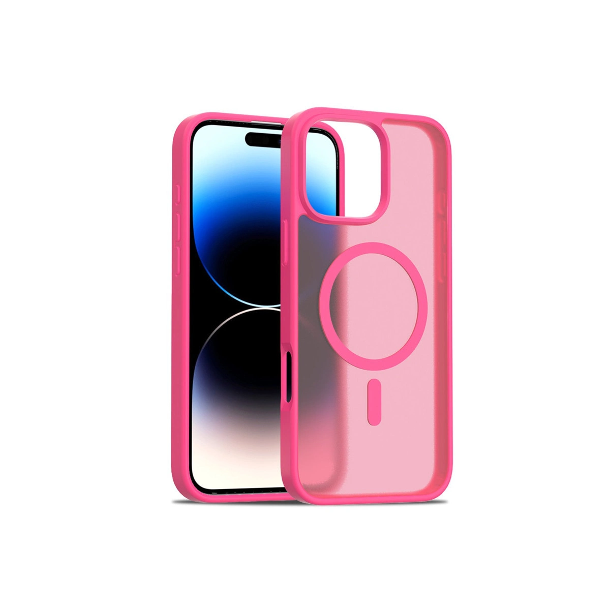 MagSafe halkalı pembe iPhone kılıfı ve bir iPhone.