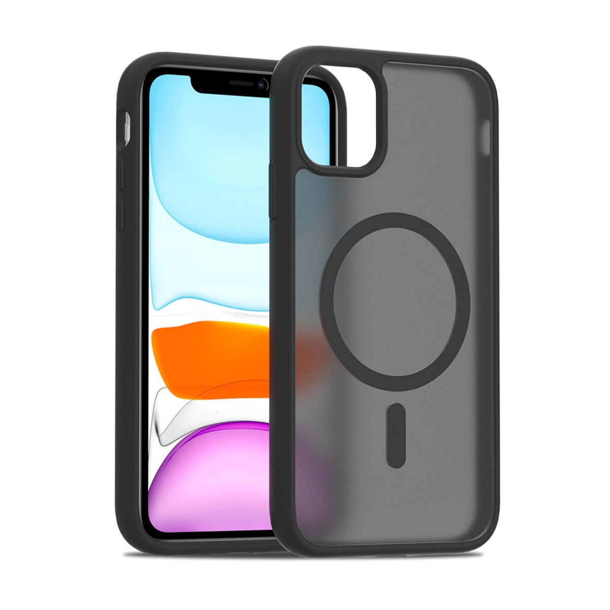 Daire gösteren şeffaf kılıflı siyah bir telefon.