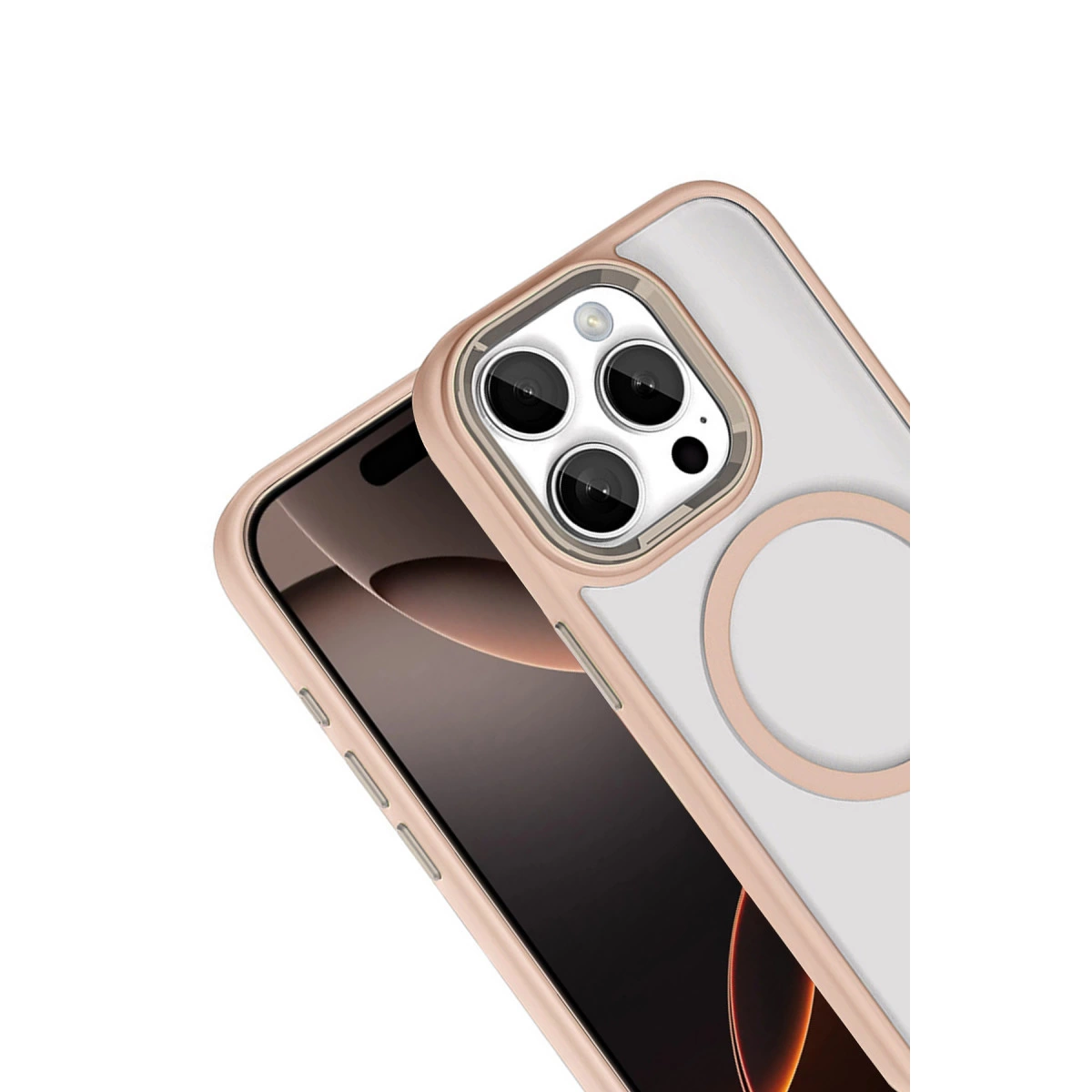 Üç kameralı, şeffaf kılıflı, rose gold renkte bir telefon.